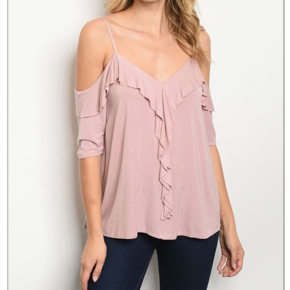 ❤316 Tops - Soft Mauve Ruffled Cold-shoulder top